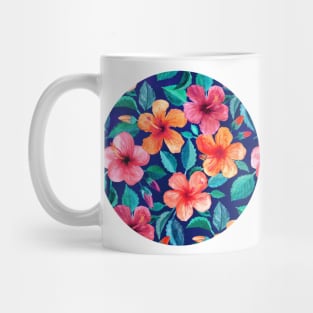 Colorful Watercolor Hibiscus on Indigo Blue Mug